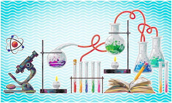 scientific laboratory elements on abstract wave background