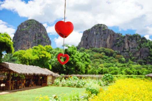 Decorate stuff as red heart mobile is swing in the air with yellow cosmos and big mountain background.