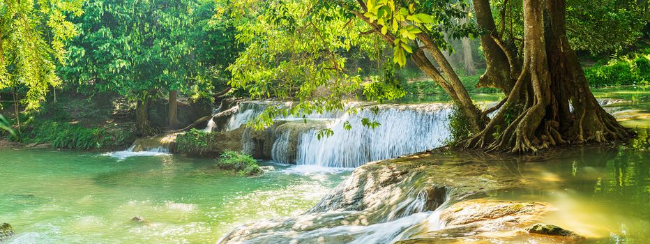 Panorama Waterfall in forest on the mountain in tropical forest at Chet Sao Noi in National park Saraburi province, Thailand