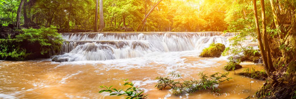 Panorama Waterfall in a forest on the mountain in tropical forest at National park Saraburi province, Thailand