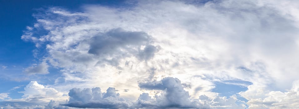 Fantastic soft clouds against blue sky, Panoramic white fluffy clouds in the blue sky