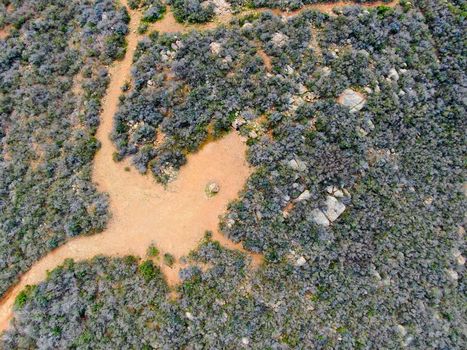 Aerial top view of Black Mountain in Carmel Valley, San Diego, California, USA. Green dry mountain during with hiking trails, perfect for hiking .