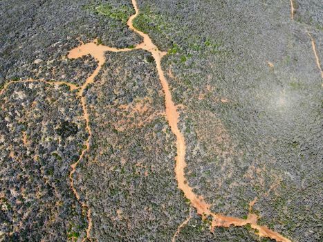 Aerial top view of Black Mountain in Carmel Valley, San Diego, California, USA. Green dry mountain during with hiking trails, perfect for hiking .