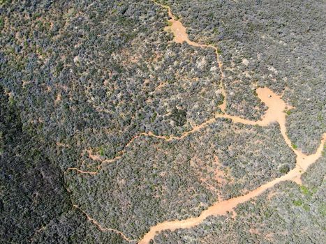 Aerial top view of Black Mountain in Carmel Valley, San Diego, California, USA. Green dry mountain during with hiking trails, perfect for hiking .