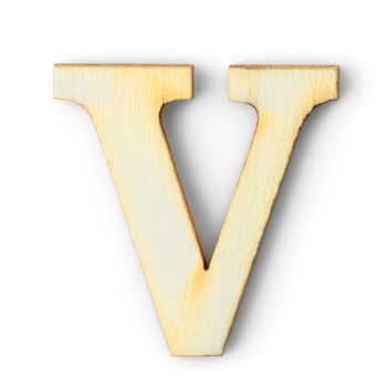 Wooden Alphabet study english letter with drop shadow on white background,V