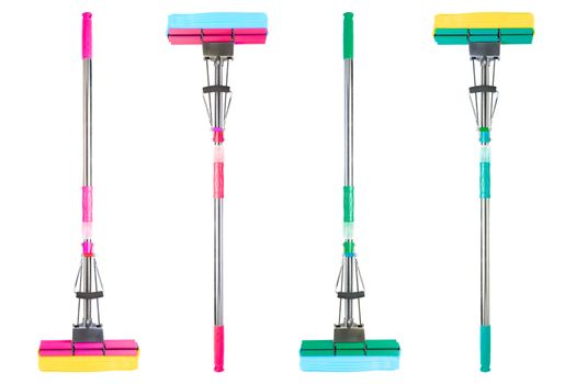 New colored mechanical double-rolled pull-action PVA mops isolated on white background.