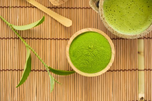 Set of matcha powder bowl wooden spoon and whisk green tea leaf Organic Green Matcha Tea ceremony.