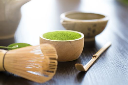 Set of matcha powder bowl wooden spoon and whisk green tea leaf Organic Green Matcha Tea ceremony.