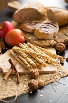 cinnamon bread Crispy twist pies. with a chocolate butter and red apple.