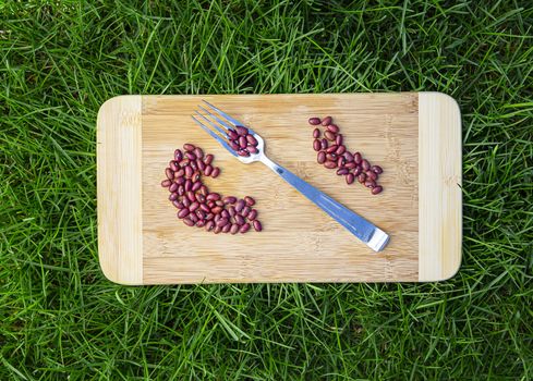 dried red bean, on a wood cutting board, with a metal fork, laying on top of green grass