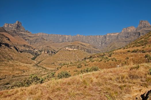 A panoramic view of the Amfitheatre formation from the Tugela River Valley. Royal Natal National Park. KwaZulu Natal. South Africa