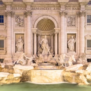 Rome, Italy. Trevi fountain at night, the masterpiece of Italian classical baroque architecture.