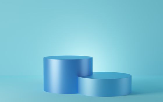 Empty blue cylinder podium on blue background. Abstract minimal studio 3d geometric shape object. Mockup space for display of product design. 3d rendering.