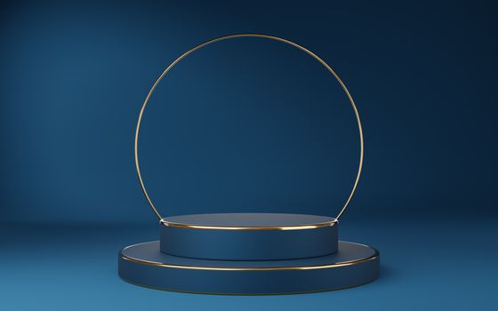 Empty blue cylinder podium with gold border and gold circle on blue background. Abstract minimal studio 3d geometric shape object. Mockup space for display of product design. 3d rendering.