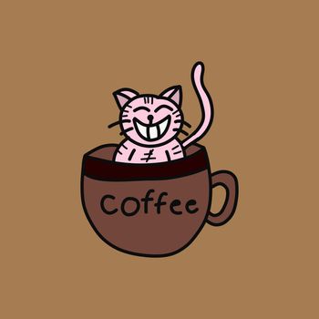 Hand draw cute pink cat smiling and sitting in coffee cup on brown background.