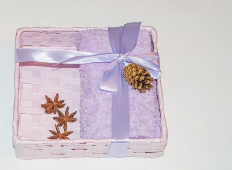 Gift box with lilac Terry towel, Golden cone and star of Badian, Christmas gift for SPA.