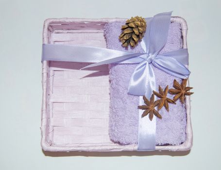 Gift box with lilac Terry towel, Golden cone and star of Badian, Christmas gift for SPA.