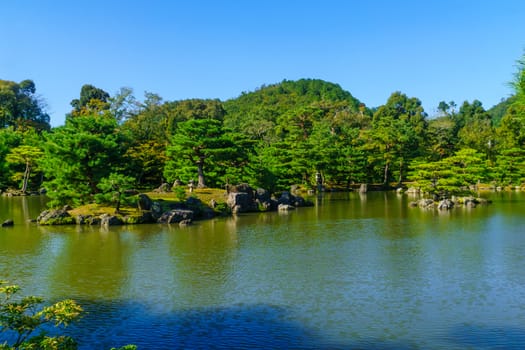 View of Japanese garden at Rokuon-ji Buddhist temple, in Kyoto, Japan