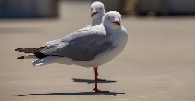 Two seagulls standing on concrete and looking at the camera.The second seagull is in soft focus in the background
