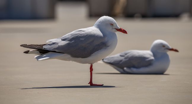 Two sleeping seagulls on concrete. One is standing in the foreground. The second one is in soft focus and is sitting in the background