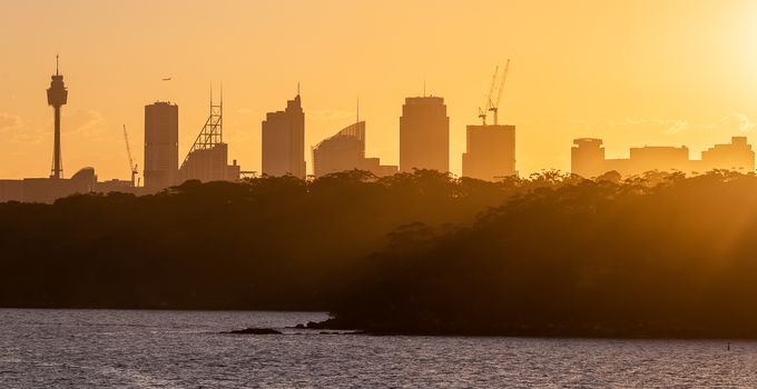 Close silhouette view of Sydney downtown with trees in the foreground. Sun rays spreading an amazing orange color cast over the trees. Beautiful sky.