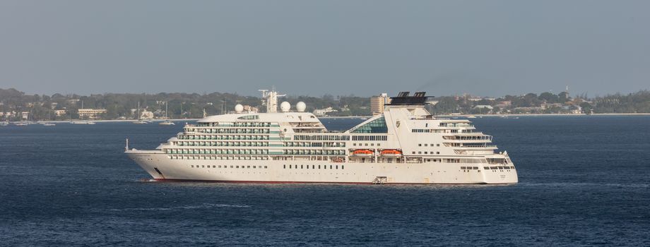 Carlisle Bay, Barbados, West Indies - May 16, 2020: Seabourn Odyssey cruise ship anchored next to Barbados