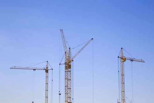 Front distant view of three cranes on a light blue sky background. Construction site.