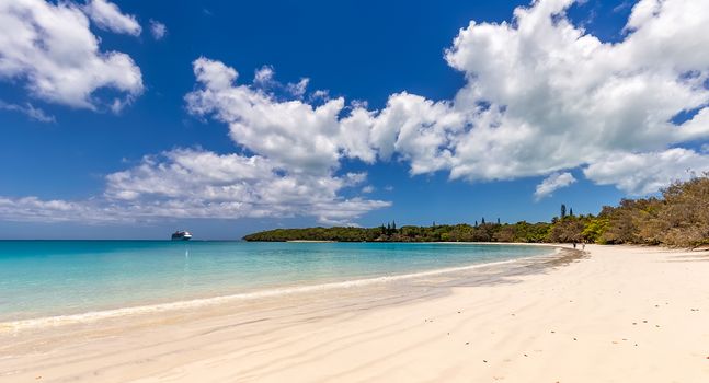 Beautiful tropical beach with a cruise ship anchored in the distance