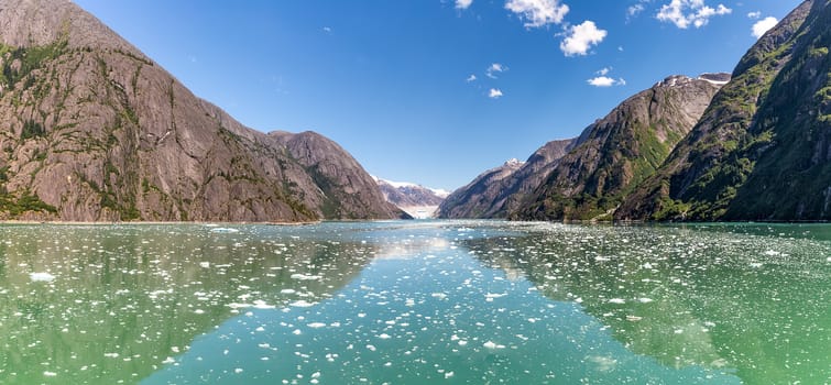 Alaska's Majestic Tracy Arm Fjord with ice floating in the water and mountains casting gorgeous reflection in it