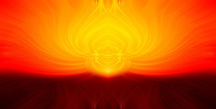 Beautiful abstract intertwined 3d fibers forming shapes of flame and sparkles. Yellow, bright and dark red, orange colors. Illustration.