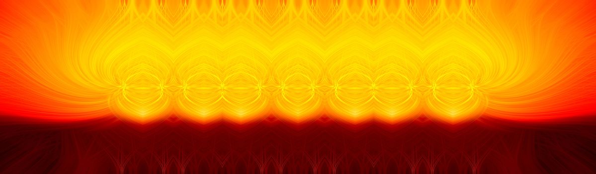 Beautiful abstract intertwined 3d fibers forming a shape of flame and sparkle Yellow, bright and dark red, orange colors. Illustration. Panorama and banner size.