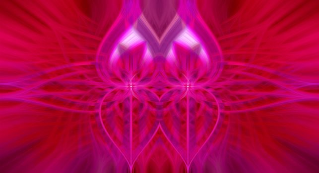 Beautiful abstract intertwined 3d fibers forming an ornament made of various symmetrical shapes. Pink, purple, and red colors. Illustration.
