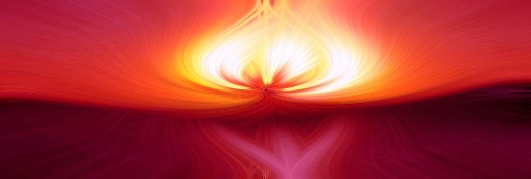 Beautiful abstract intertwined 3d fibers forming a shape of flame. Yellow, bright red and purple colors. Illustration. Panorama size.