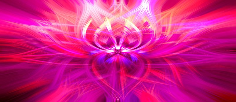 Beautiful abstract intertwined 3d fibers forming an ornament made of various symmetrical shapes. Pink, purple, red, blue, and orange colors. Illustration. Panorama size