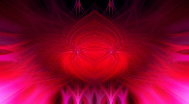Beautiful abstract intertwined 3d fibers forming an ornament out of various symmetrical shapes. Purple, pink, red colors. Illustration.