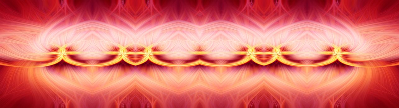 Beautiful abstract intertwined 3d fibers forming an ornament out of various symmetrical shapes. Purple, pink, red, and yellow colors. Illustration. Panorama and banner size.