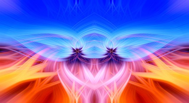 Beautiful abstract intertwined 3d fibers forming an ornament out of various symmetrical shapes. Purple, pink, red, orange, and blue colors. Illustration.