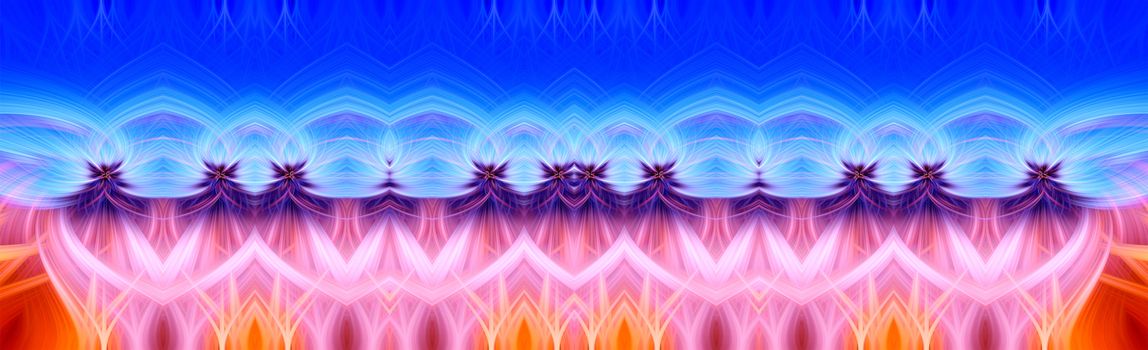 Beautiful abstract intertwined 3d fibers forming an ornament out of various symmetrical shapes. Purple, pink, red, orange, and blue colors. Illustration. Panorama and banner size.