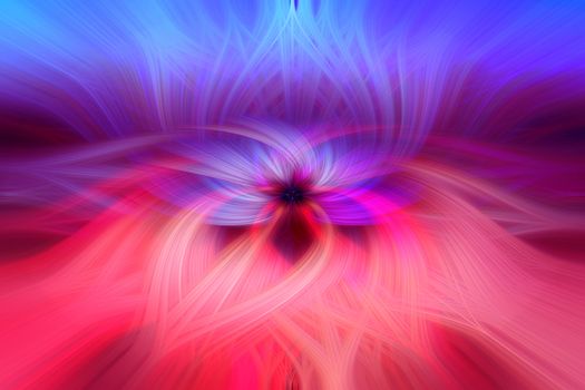 Beautiful abstract intertwined 3d fibers forming an ornament made of various symmetrical shapes. Pink, purple, red, and blue colors. Illustration.