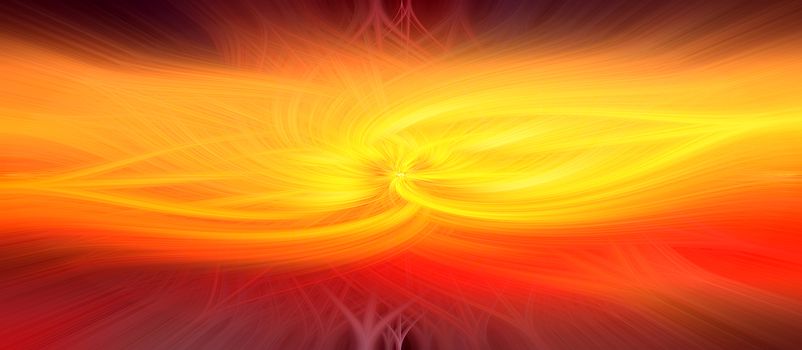 Abstract intertwined 3d fibers forming a shape of flame and sparkle Yellow, bright red and orange colors. Illustration. Panorama size