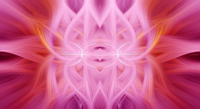 Beautiful abstract intertwined 3d fibers forming an ornament out of various symmetrical shapes. Purple, pink, red, yellow colors. Illustration.