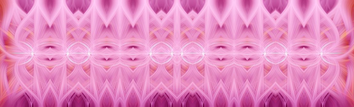 Beautiful abstract intertwined 3d fibers forming an ornament out of various symmetrical shapes. Purple, pink, red, yellow colors. Illustration. Panorama and banner size.