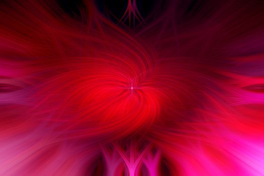 Beautiful abstract intertwined 3d fibers forming an ornament out of various symmetrical shapes. Purple, pink, red colors. Illustration.