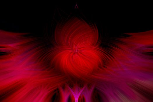 Beautiful abstract intertwined 3d fibers forming an ornament out of various symmetrical shapes. Purple and red colors. Black background. Illustration.