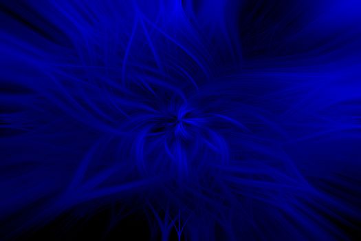 Beautiful abstract intertwined 3d fibers forming an ornament out of various symmetrical shapes. Blue color. Black background. Illustration.