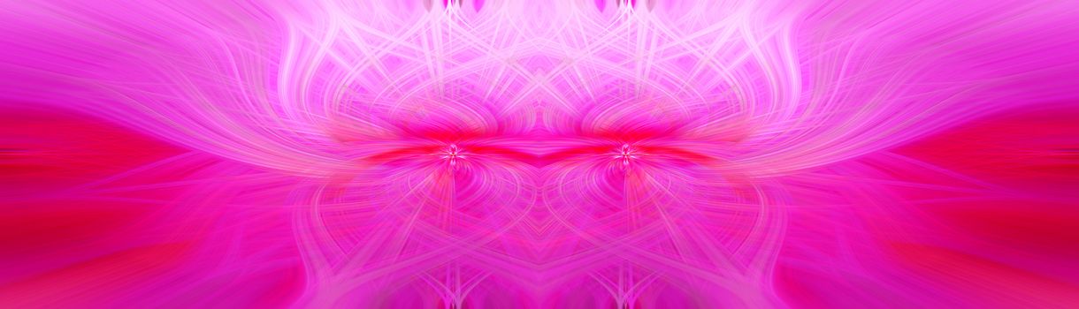 Beautiful abstract intertwined 3d fibers forming an ornament out of various symmetrical shapes. Purple, pink, red colors. Illustration. Panorama size.
