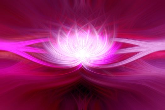 Beautiful abstract intertwined 3d fibers forming a shape of a flower or flame. Purple, red and pink colors. Symmetrical illustration.