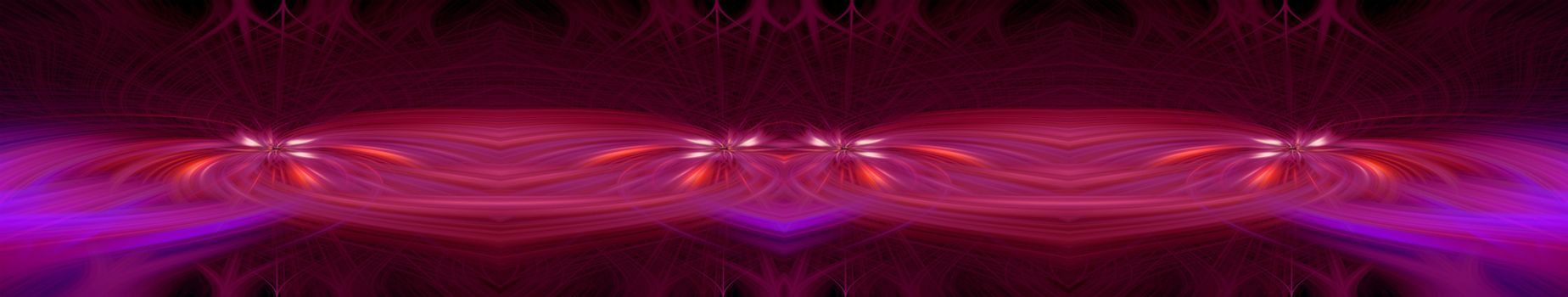 Beautiful abstract intertwined 3d fibers forming an ornament out of various symmetrical shapes. Purple, red, and blue colors. Black background. Banner size. Illustration.