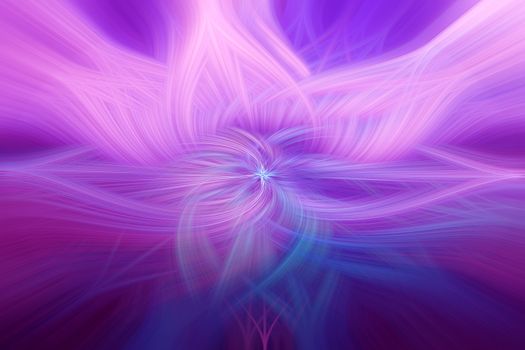 Beautiful abstract intertwined 3d fibers forming an ornament out of various symmetrical shapes. Purple, pink, and blue colors. Illustration.