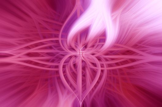 Beautiful abstract intertwined 3d fibers forming an ornament out of various symmetrical shapes. White flame in the middle. Purple and pink colors. Illustration.